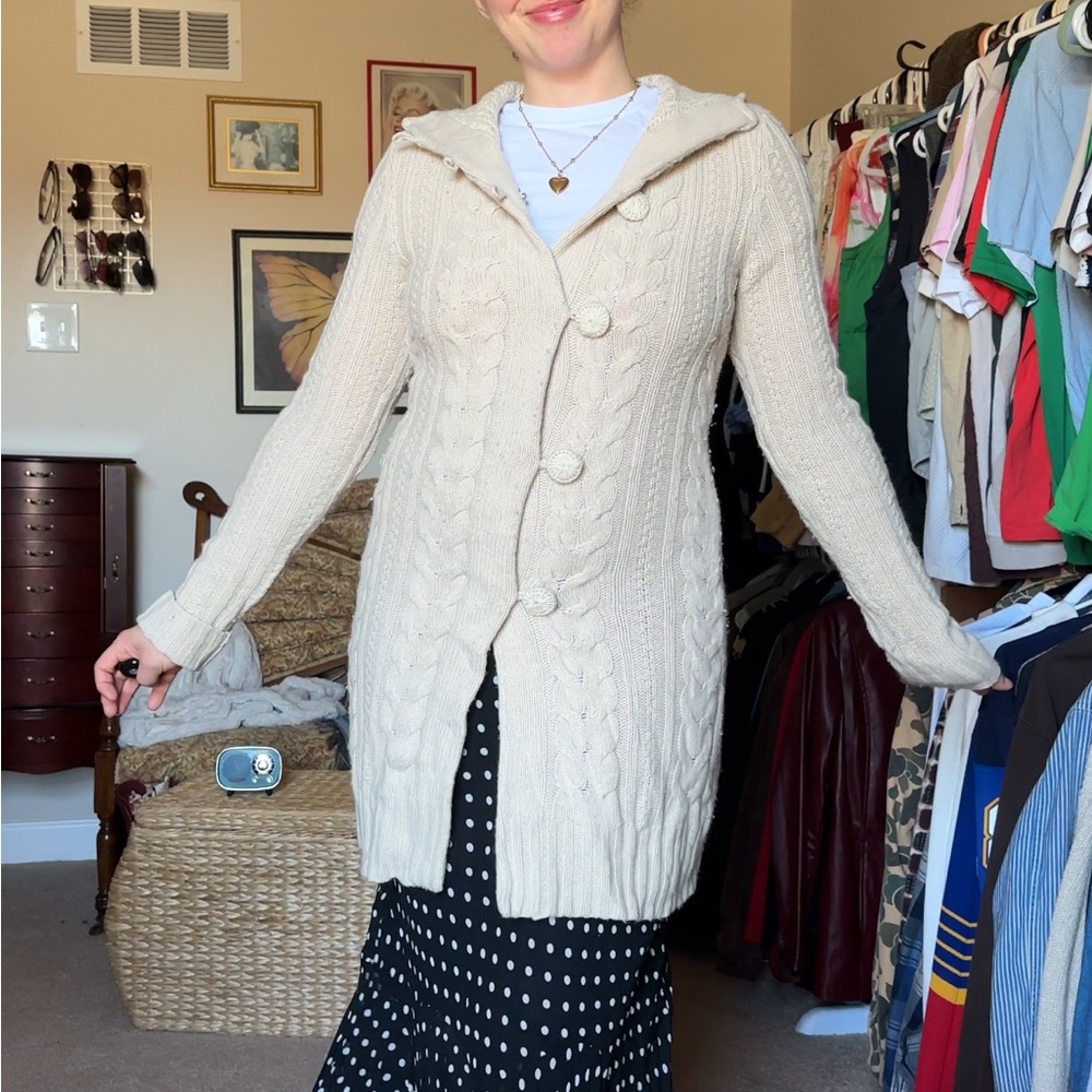 Y2k like, love cable knit button up hooded long cardigan